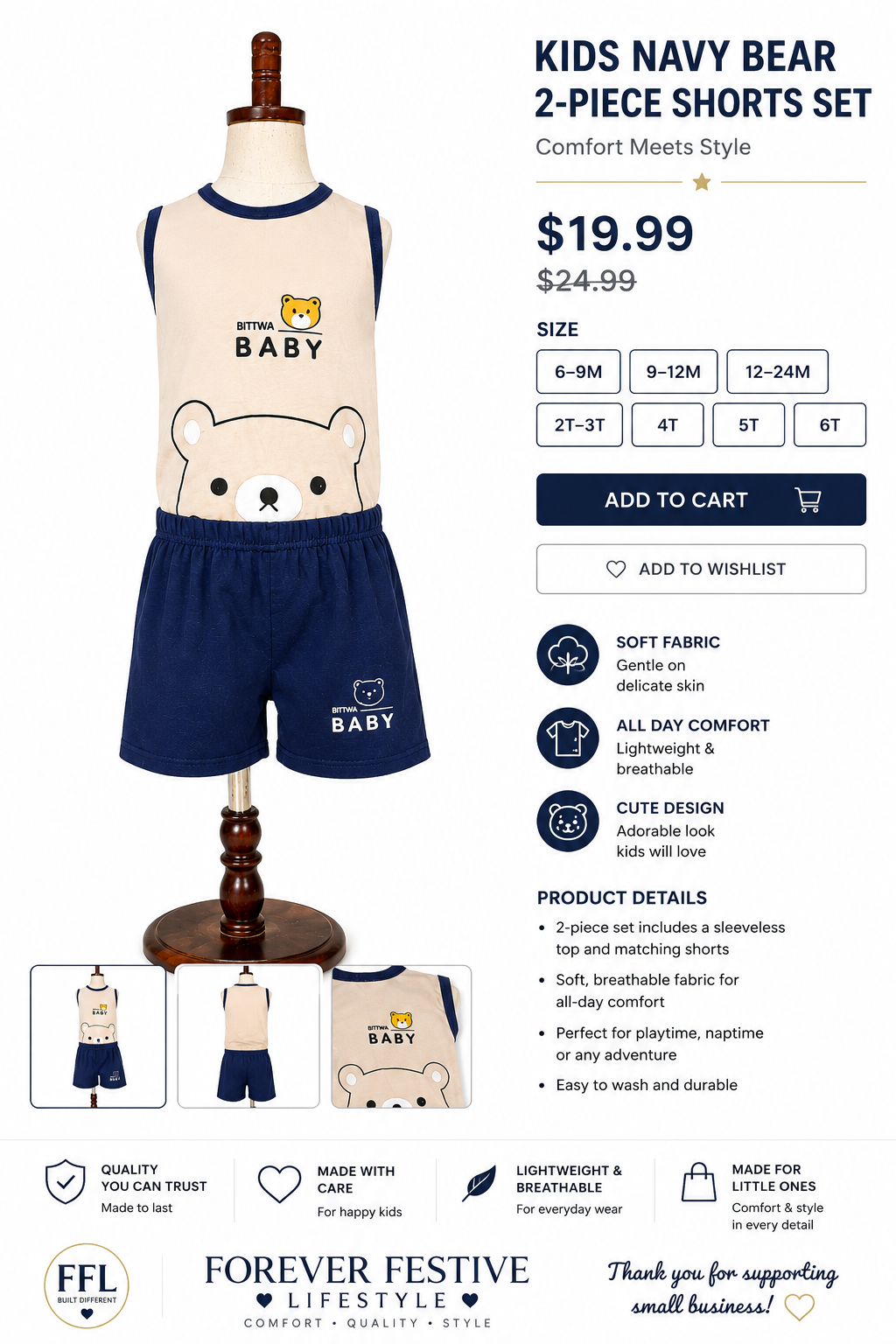 Kids Navy Bear 2-Piece Shorts Set