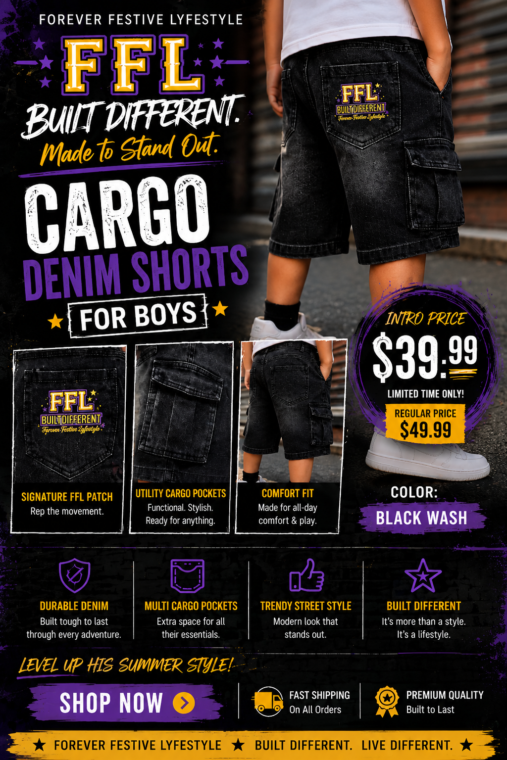 Black Wash Boys Cargo Denim Shorts