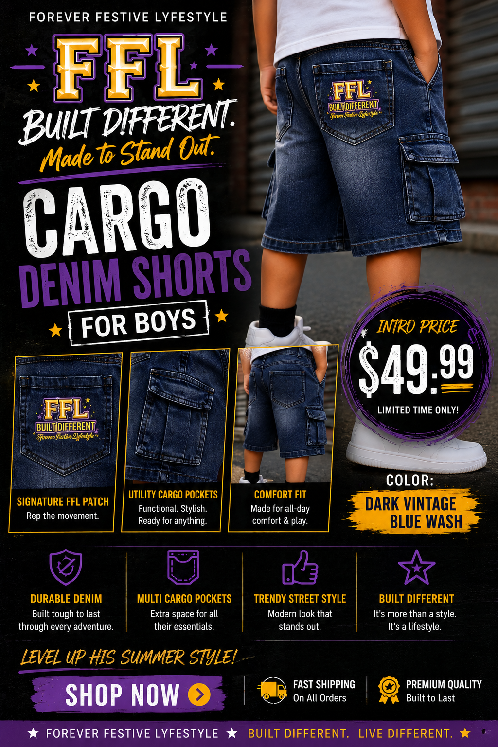 Blue Wash Boys Cargo Denim Shorts
