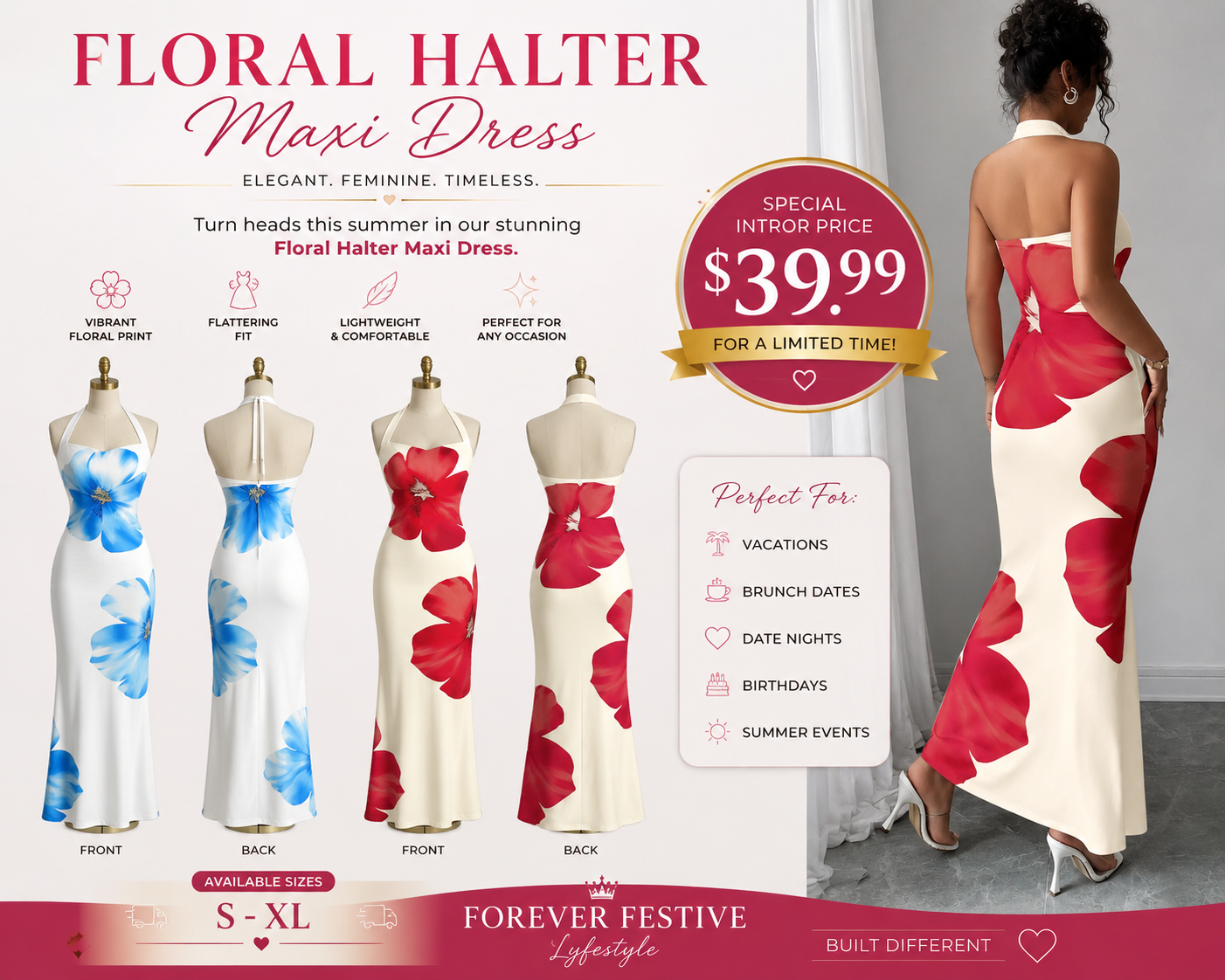Floral Halter Maxi Dress – Elegant Summer Statement Dress