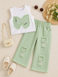 Girls Distressed Bow Wide-Leg Pant Set Mint Green