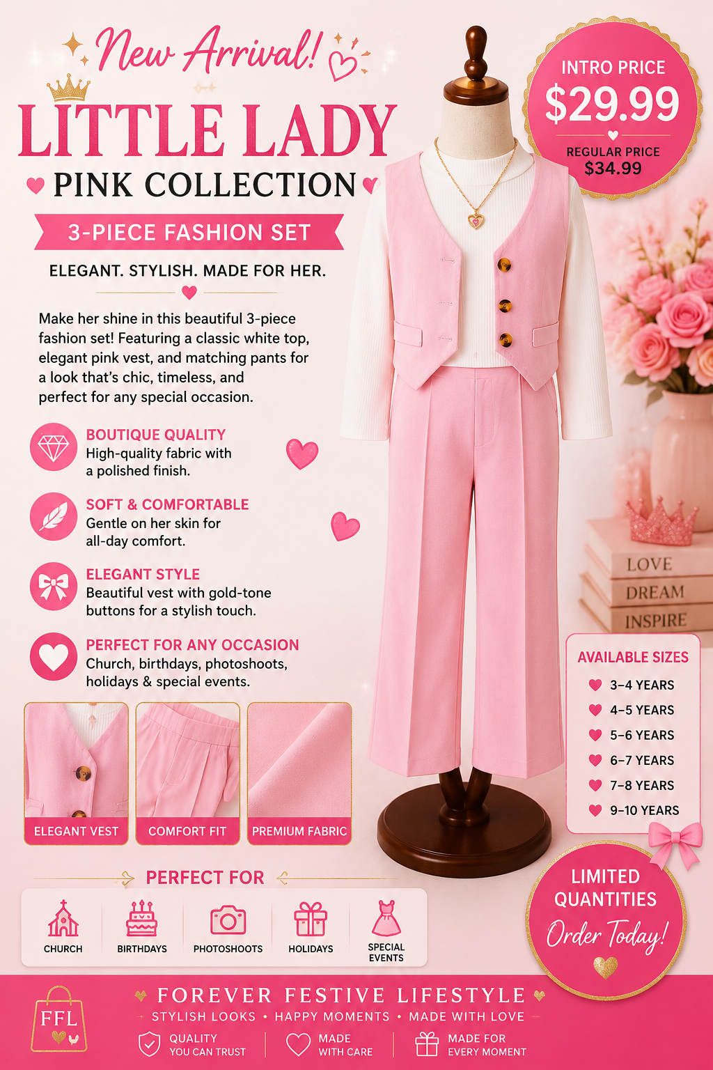 Little Lady Pink Collection- Girls 3 Piece Fashion Set