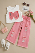 Girls Distressed Bow Wide-Leg Pants Set Pink