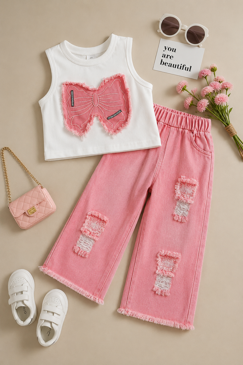 Girls Distressed Bow Wide-Leg Pants Set Pink