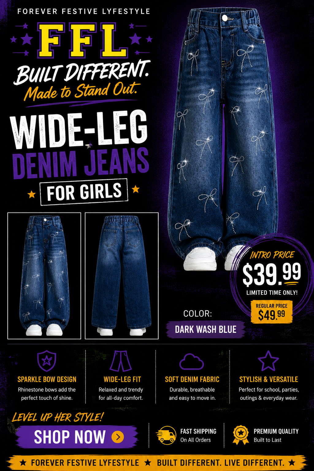Girls Sparkle Bow Wide-Leg Denim Jeans