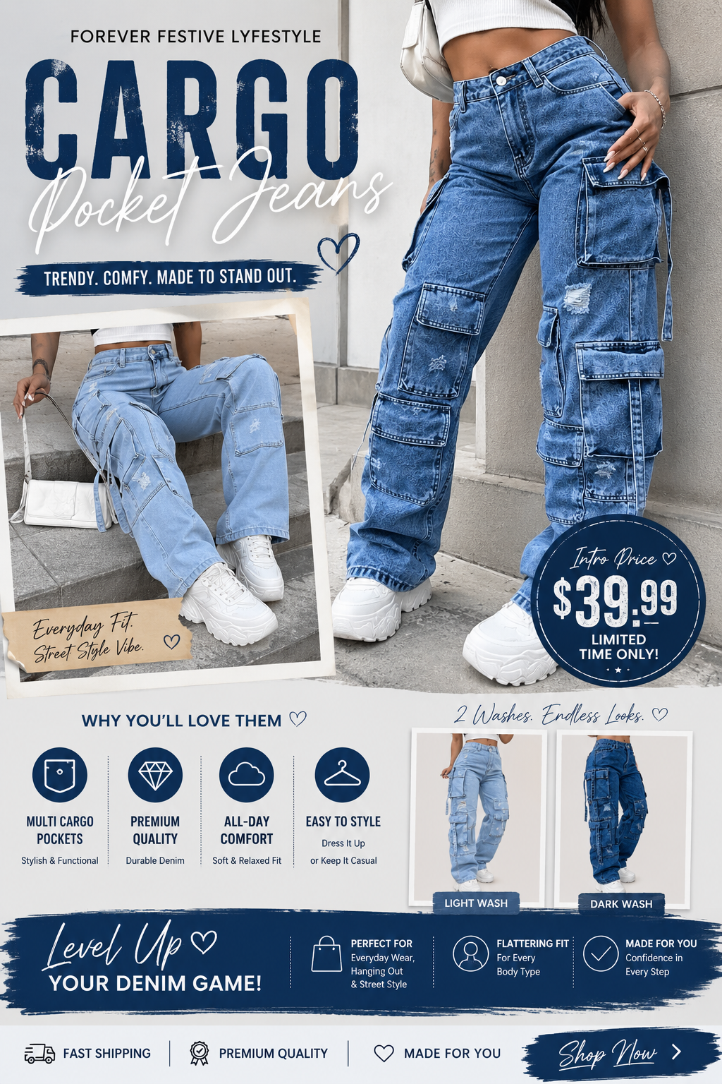 Women's Cargo Pocket Jeans Dark Blue